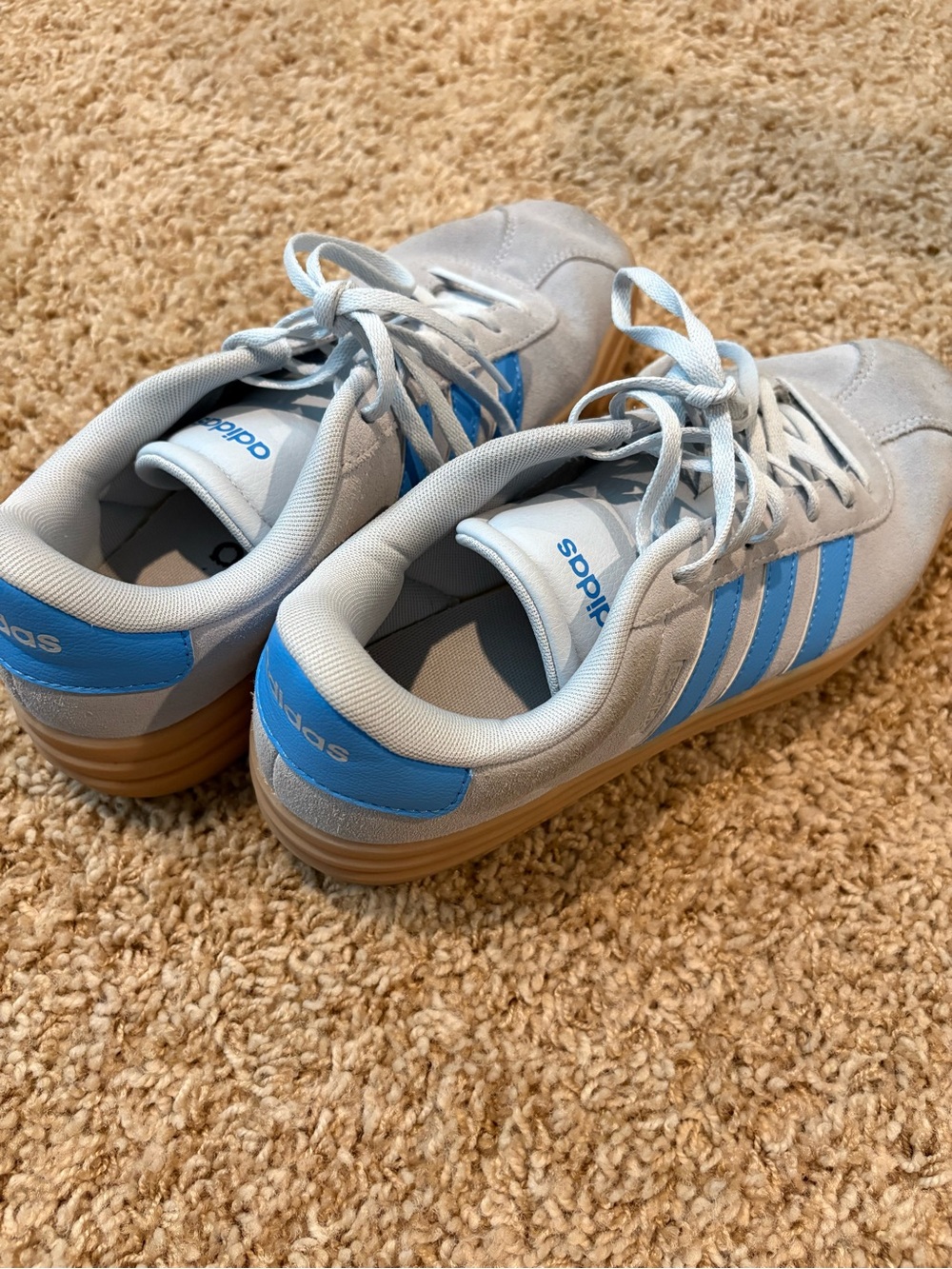 adidas Light Gray / Blue Suede Sneakers with Blue Stripes and Gum Sole